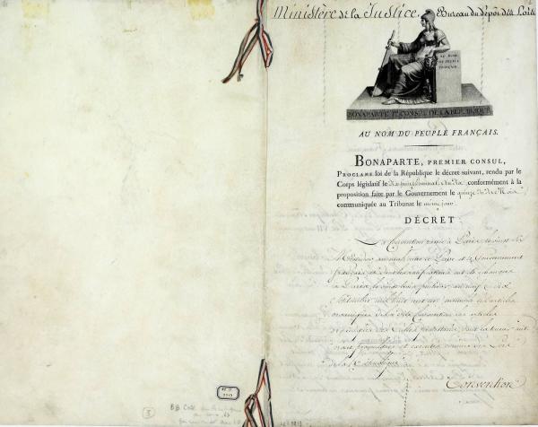 Loi du 18 germinal an X (8 avril 1802) approuvant le Concordat de 1801 et les articles organiques organisant en France les cultes catholique et protestants.