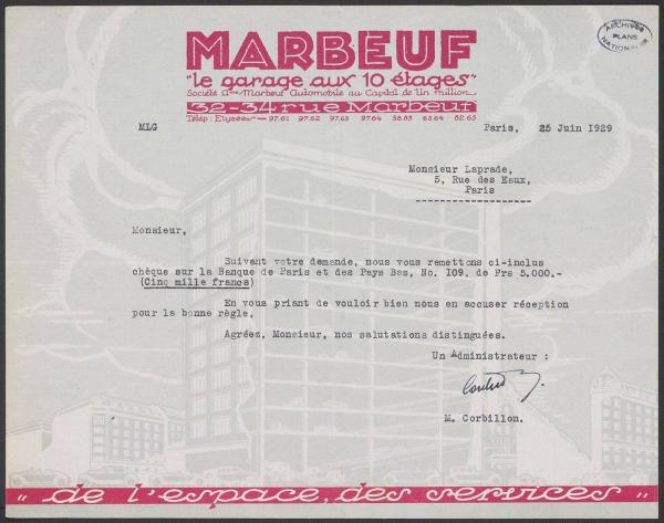 Lettre sur papier à e-tête du garage Marbeuf à A. Laprade, 25 juin 1929