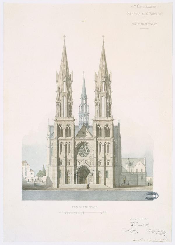 Projet d'achèvement de la cathédrale de Moulins (Allier) : élévation de la façade principale.
