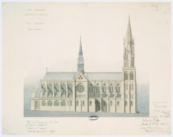 Projet d'achèvement de la cathédrale de Moulins (Allier) : élévation de la façade latérale.