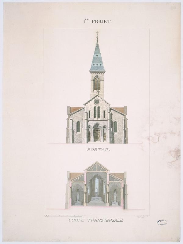 Plan type d'église : élévation de la façade principale.