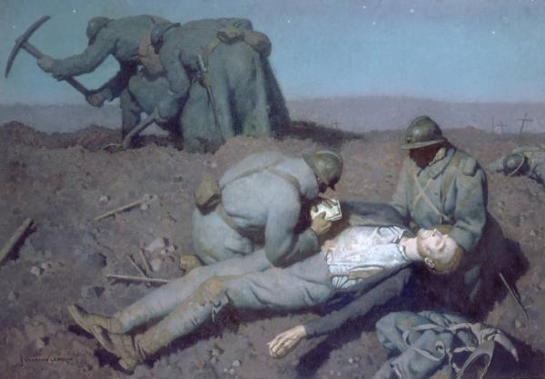 Aux Eparges, soldats enterrant leurs camarades au clair de lune. Avril 1915.