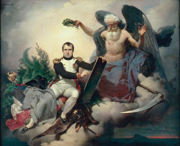 Napoléon Ier couronné par le Temps, écrit le Code Civil.