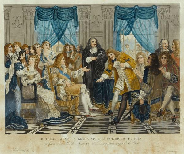 Boileau lisant devant Louis XIV son poème du Lutrin, en présence de Madame de Montespan et de divers personnages de la cour