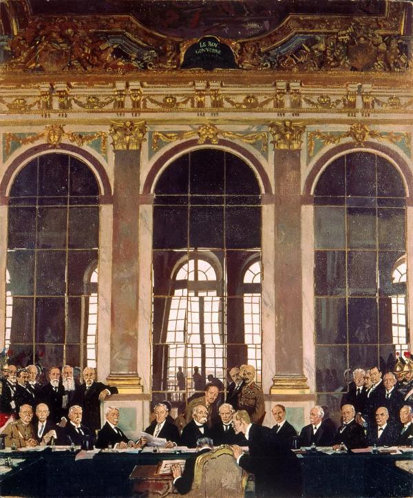 Unterzeichnung des Friedensvertrages im Spiegelsaal von Versailles.