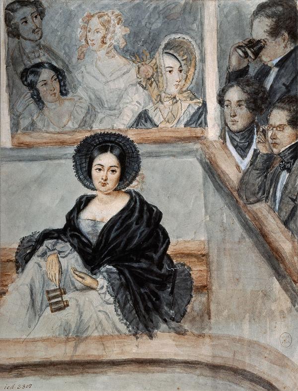 Portrait d'alphonsine dite Marie Duplessis (la Dame aux camélias), assise au balcon d'un théâtre, 1845
