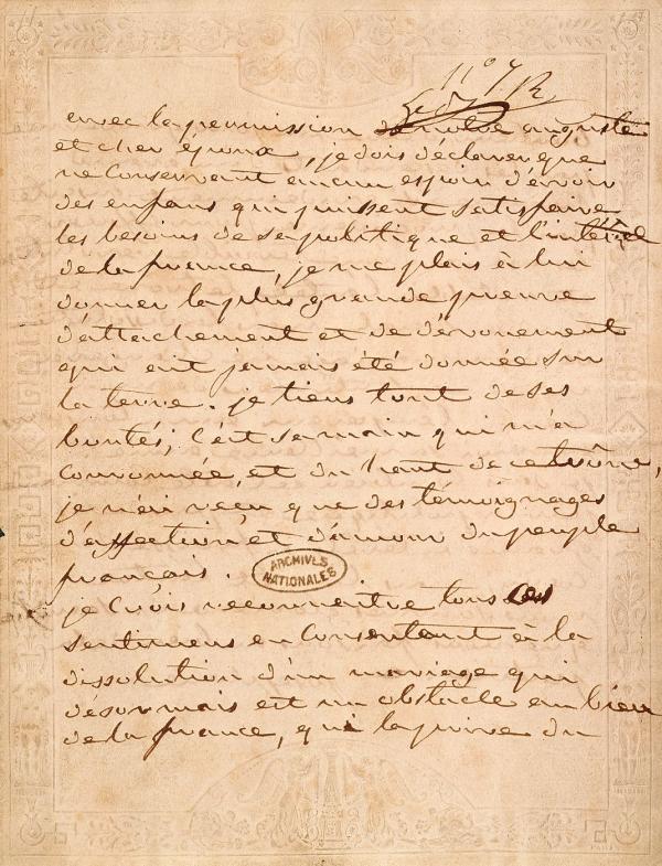 Lettre de Joséphine acceptant la dissolution de son mariage.