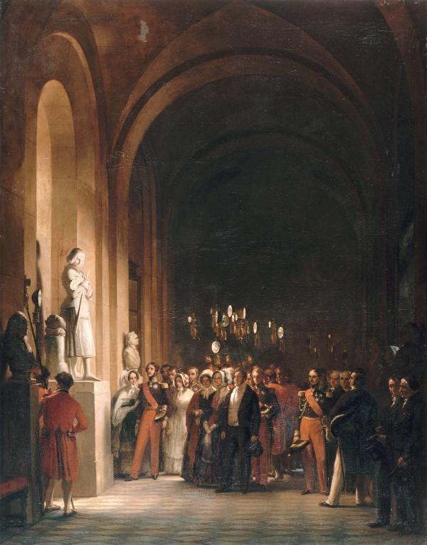 Louis-Philippe et la famille royale, visitant les Galeries Historiques du musée de Versailles, s'arrêtent devant la statue de Jeanne d'Arc...