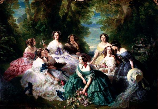 L'impératrice Eugénie entourée de ses dames d'honneurs au palais de Fontainebleau.