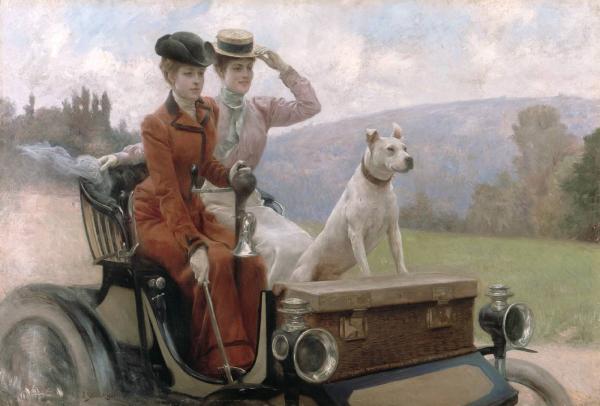 Les Dames Goldsmith au bois de Boulogne en 1897 sur une voiturette Peugeot.