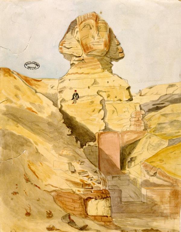 Le Grand sphinx, de face et les excavations 