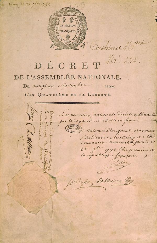 Décret de la Convention abolissant la Royauté, 21 septembre 1792.