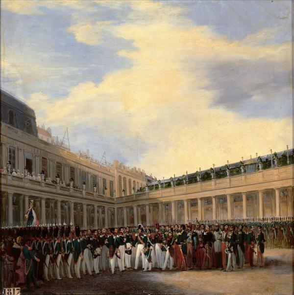 La Garde nationale célèbre, dans la cour du Palais-Royal, l'anniversaire de la naissance du Roi.