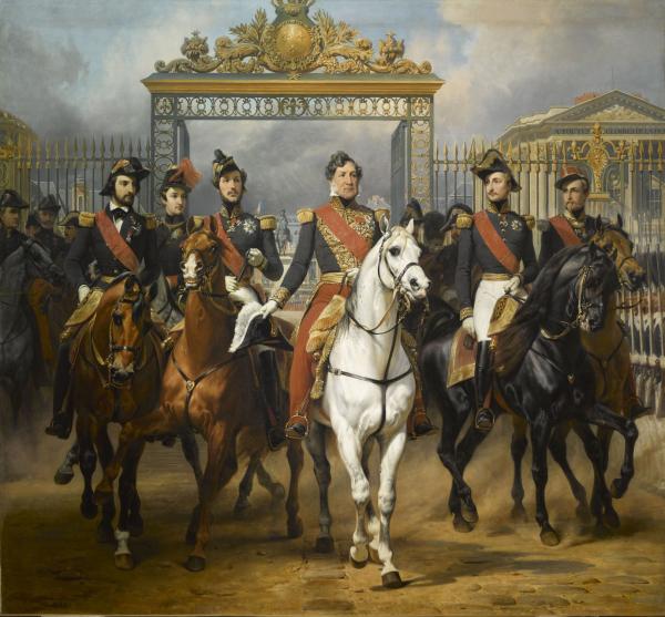 Le roi Louis-Philippe entouré de ses cinq fils sortant par la grille d'honneur du château de Versailles après avoir passé une revue militaire dans les cours, 10 juin 1837.