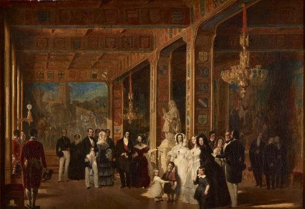 Louis Philippe, la famille royale et le roi Léopold Ier, visitant la grande salle des Croisades du château de Versailles. Juillet 1844.