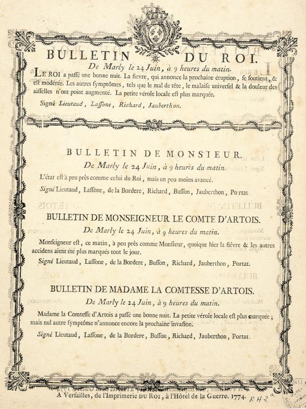 Bulletin de santé de la vaccination de Louis XVI, du comte de Provence, du comte d'artois et de la comtesse d'artois