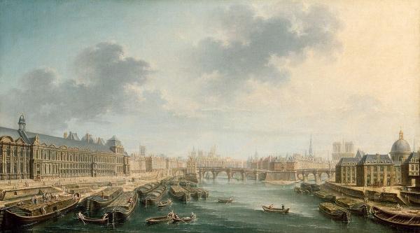 La Seine en aval du pont Neuf à Paris avec, à gauche, le Louvre et, à droite, le collège des Quatre-Nations