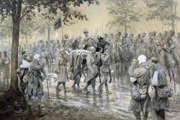 Le général Marchand, grièvement blessé, est ramené vers l'arrière.