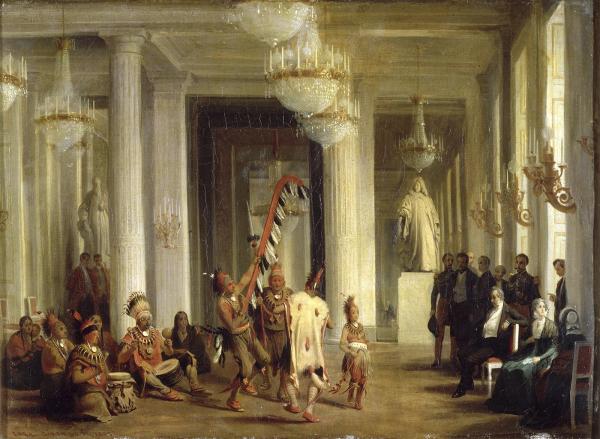 Louis-Philippe assistant dans un salon des Tuileries à la danse d'Indiens Iowas. 21 avril 1845.