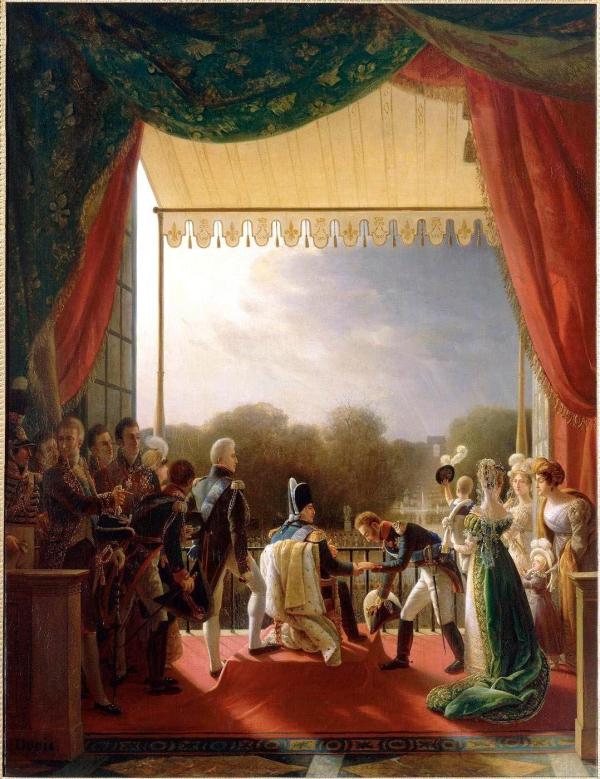 La Famille royale et la cour entourant le roi, qui, placé au grand balcon des Tuileries, voit défiler l'armée.