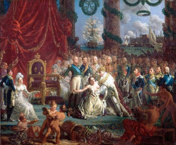 Allégorie du retour des Bourbons le 24 avril 1814 : Louis XVIII relevant la France de ses ruines.