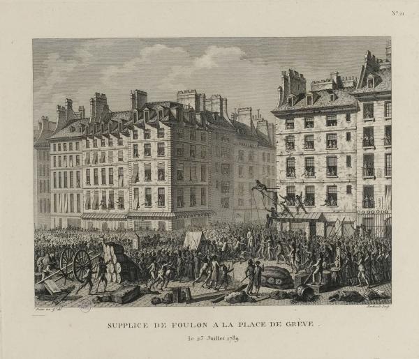 Pendaison de Joseph-François Foulon à l'angle de la rue du Mouton et de la place de Grève, le 22 juillet 1789