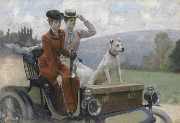 Les Dames Goldsmith au bois de Boulogne en 1897 sur une voiturette Peugeot