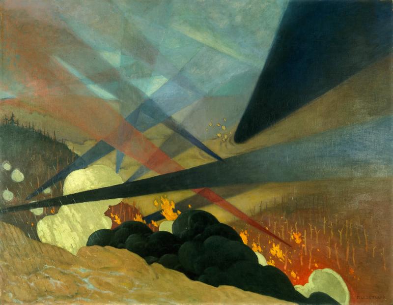 Verdun. Tableau de guerre interprété, projections colorées noires, bleues et rouges, terrains dévastés, nuées de gaz