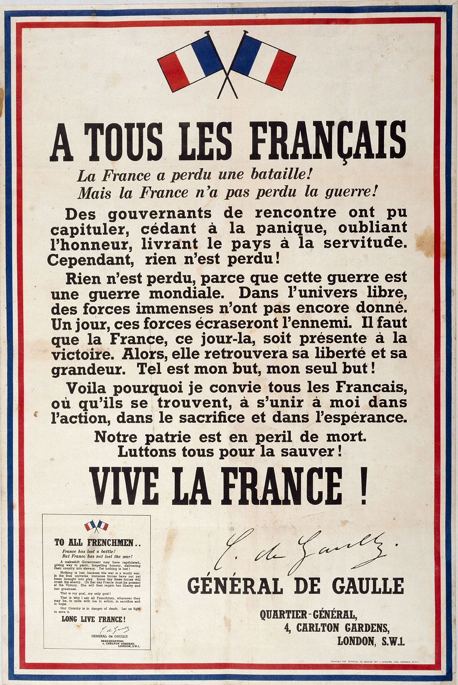 Affiche Appel 18 juin 1940 A tous les Français, la France a perdu une bataille ! Mais la France n'a pas perdu la guerre ! Affiche Appel 18 juin 1940 A tous les Français, la France a perdu une bataille ! Mais la France n'a pas perdu la guerre !
