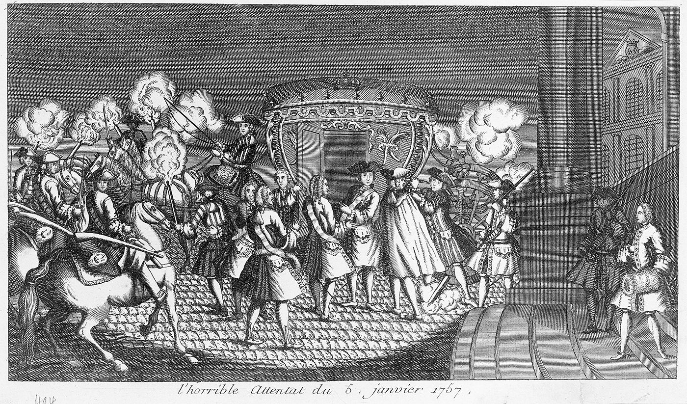 Attentat de Damiens contre Louis XV le 5 janvier à 5h45 du soir.  Attentat contre Louis XV  05 janvier 1757 Musée national du Château de Versailles 